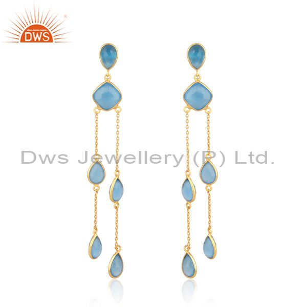 Designer natural blue chalcedony chandelier in gold on silver 925
