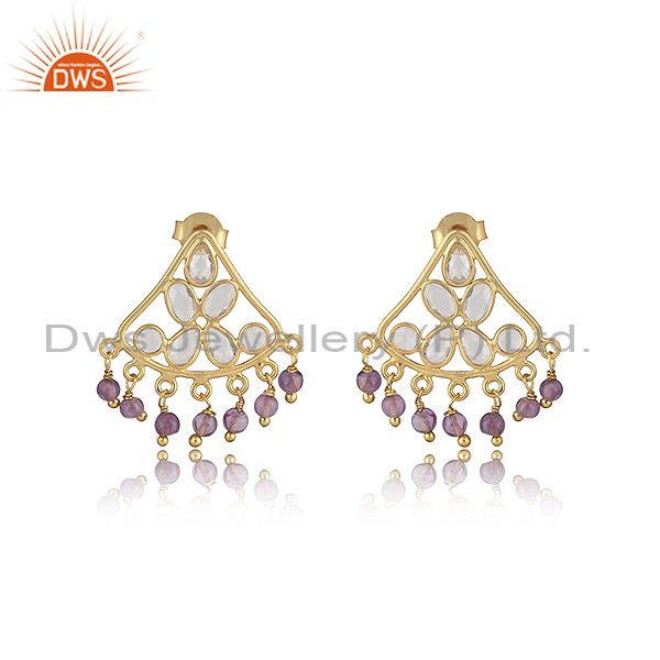 Traditional designer earring in gold on silver with amethyst, cz