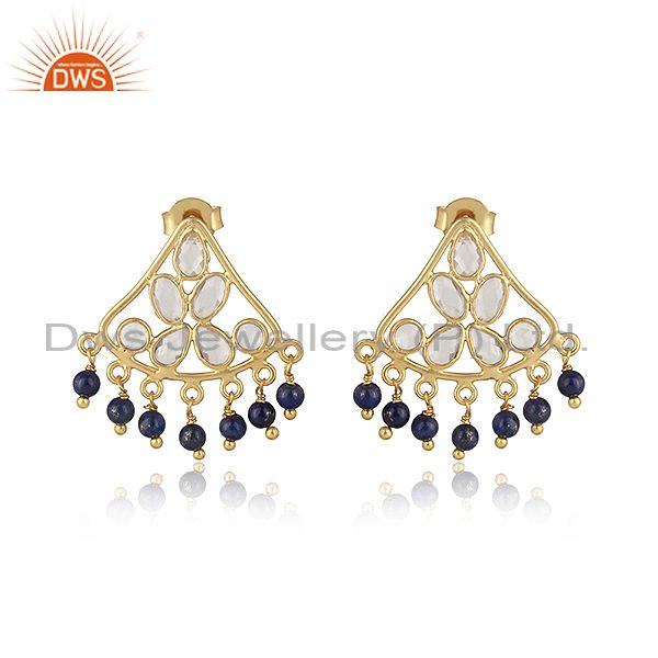 Traditional designer earring in gold on silver with lapis and cz