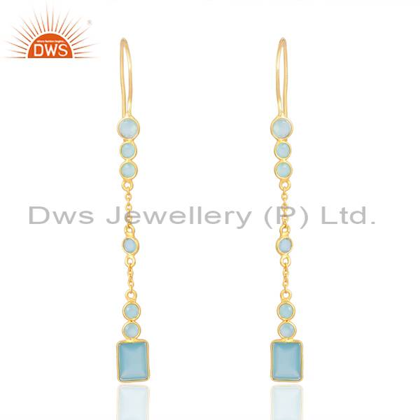 18K Gold Brass Beguette And Round Aqua Chalcedony Earrings