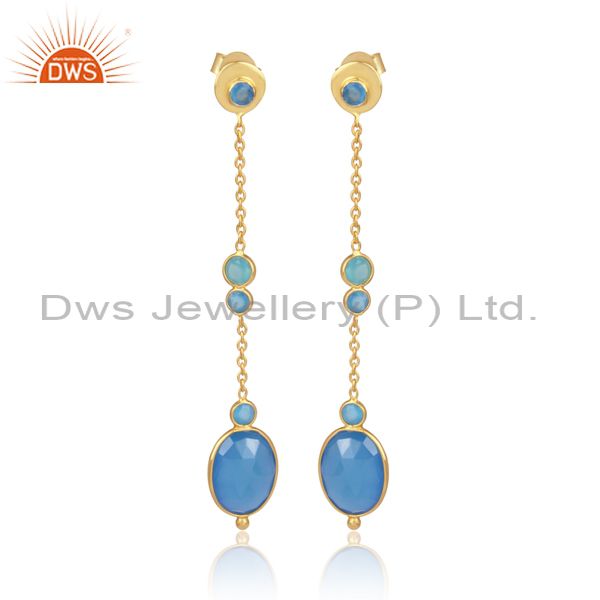 Blue Chalcedony Set Gold On 925 Silver Thread Wire Earrings