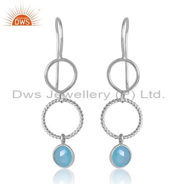 Sterling Silver White Earrings With Aqua Chalcedony Round