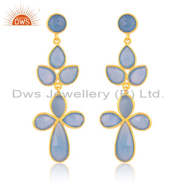 Gold Plated 18K Sterling Silver Earring With Blue Chalcedony