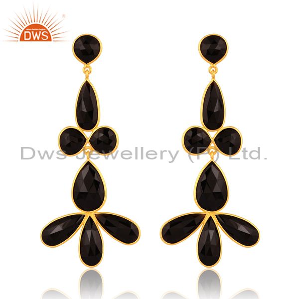 Gold Plated Sterling Silver Earring With Multiple Black Onyx