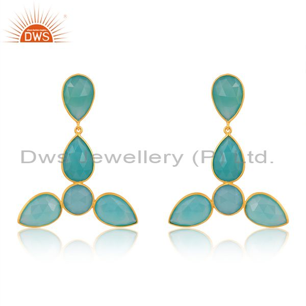 Silver Gold Earrings With Aqua Chalcedony Pear And Round Cut
