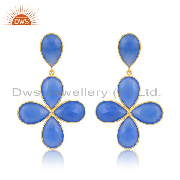 Silver 18K Gold Plated Earring With Pear Cut Blue Chalcedony