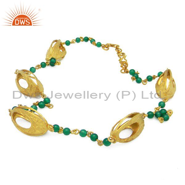 18k gold plated sterling silver green onyx gemstone beaded necklace