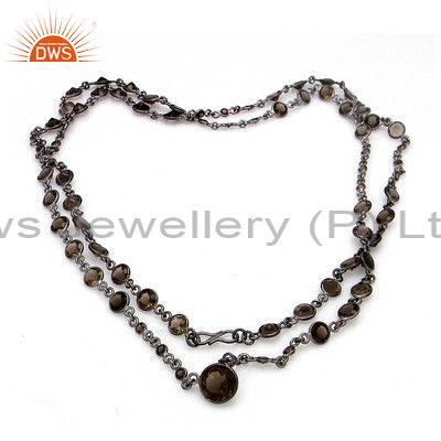 Oxidized sterling silver smoky quartz gemstone bezel set chain necklace