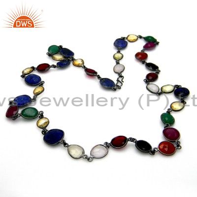 Oxidized sterling silver multi colored gemstone bezel set chain necklace