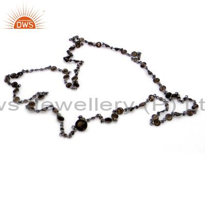 Oxidized sterling silver smoky quartz gemstone bezel setting chain necklace
