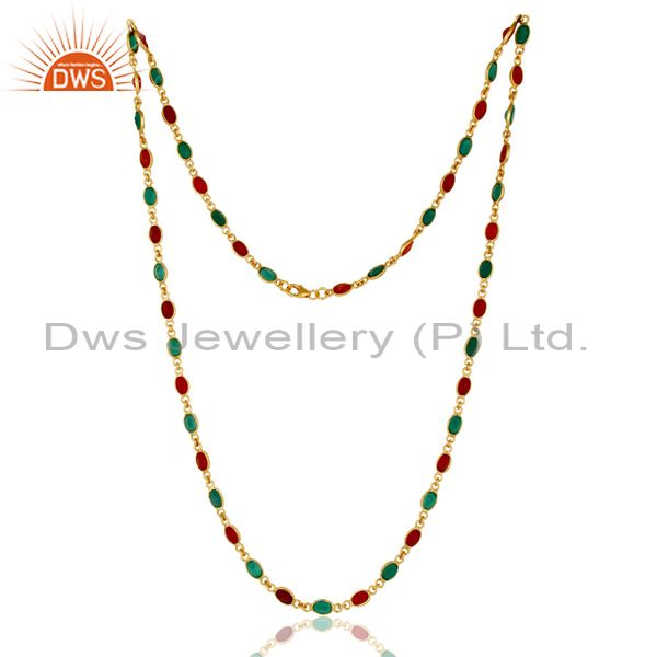 18k yellow gold plated sterling silver green onyx and red onyx chain necklace