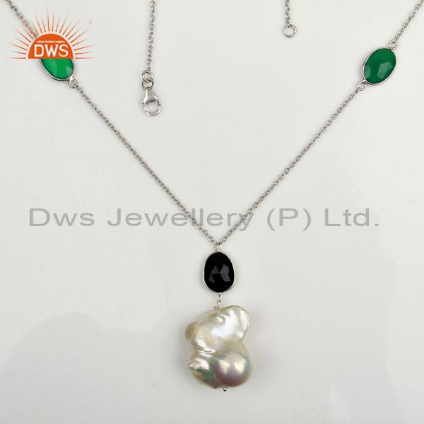 Baroque pearl onyx gemstone white rhodium sterling silver gemstone multi strand