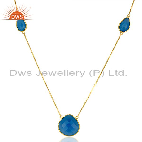 Indian blue chalcedony gemstone gold plated chain necklace wholesale