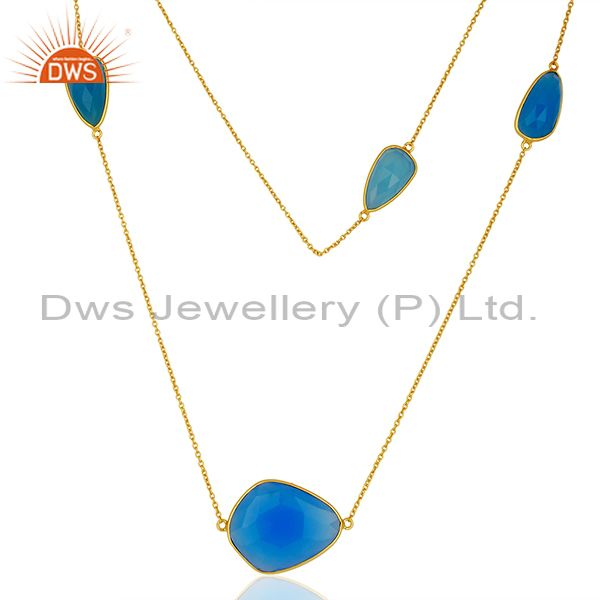 Blue chalcedony gemstone gold plated silver chain necklace jewelry