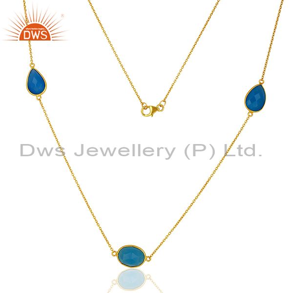 Indian gold plated silver blue chalcedony gemstone necklace jewelry