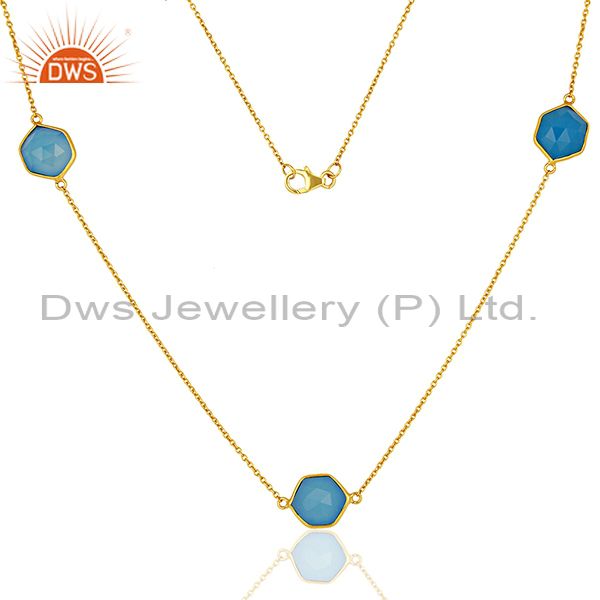 Blue chalcedony gemstone gold plated silver necklace jaipur jewelry