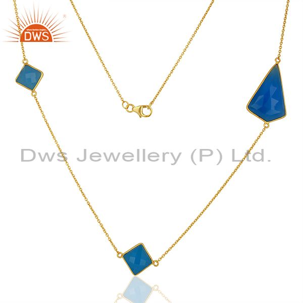New blue chalcedony gemstone gold plated fashion silver necklaces