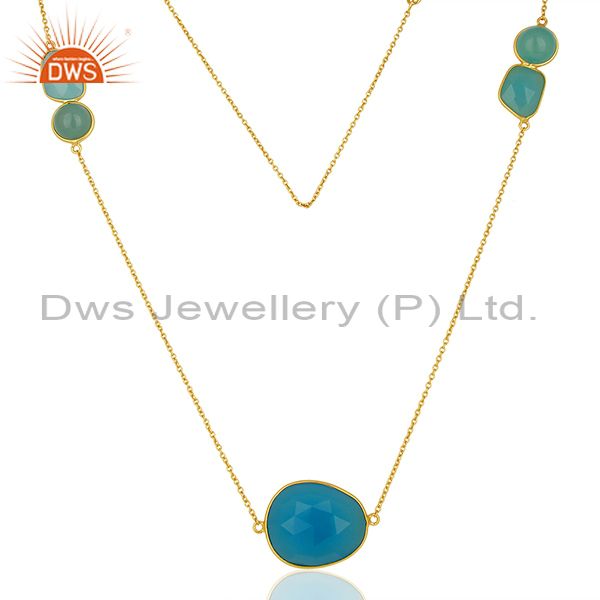 Jaipur blue chalcedony gemstone gold plated sterling silver necklaces