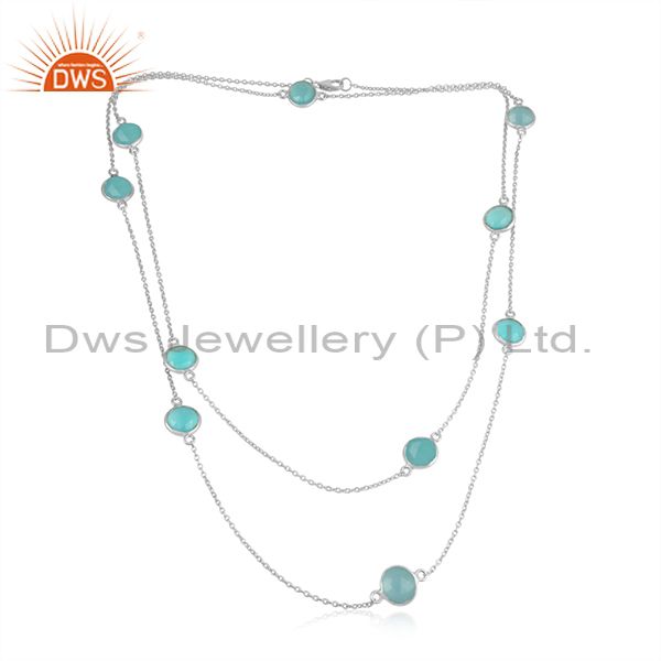 Handmade sterling silver long necklace with aqua chalcedony