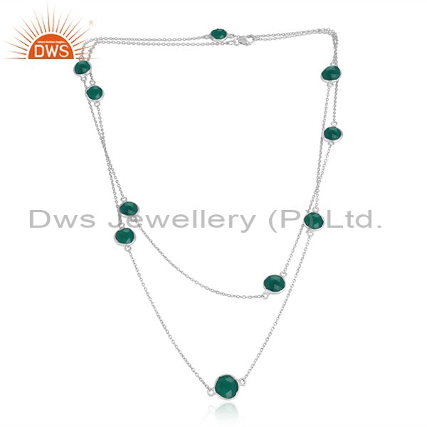 Handmade sterling silver long necklace with green onyx