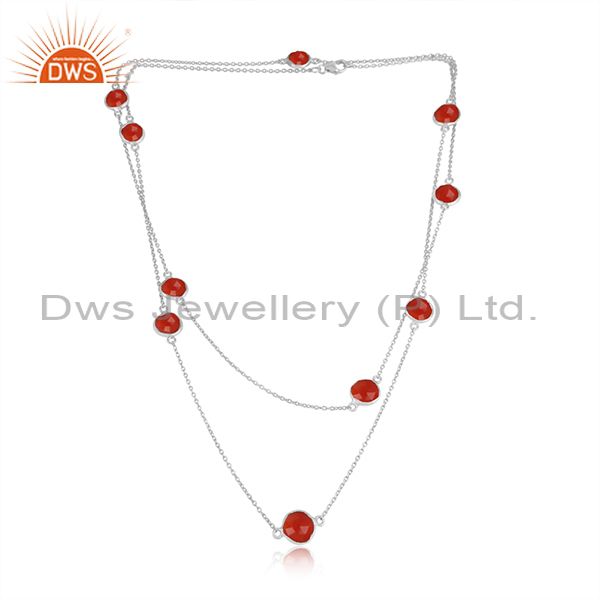 Handmade sterling silver long necklace with red onyx