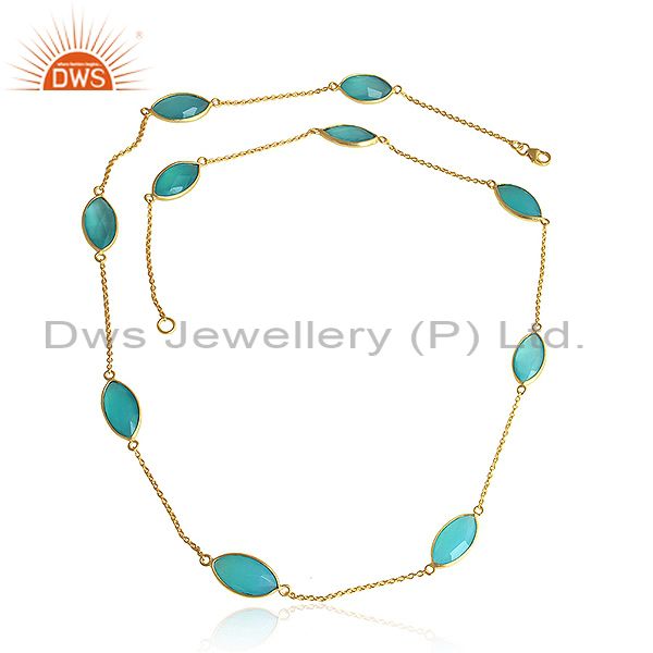 Aqua chalcedony gemstone designer gold plated silver chain necklaces