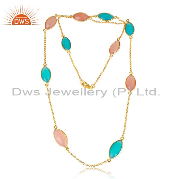 Aqua and rose chalcedony gemstone gold plated silver necklaces