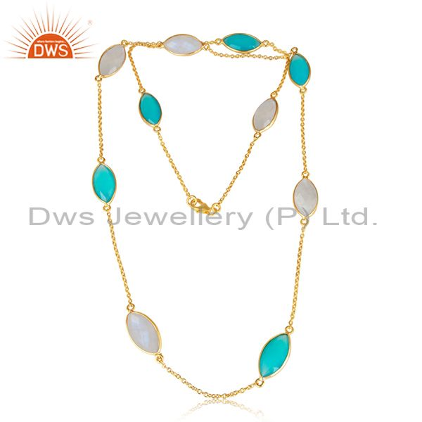 Chalcedony rainbow moonstone designer gold plated silver necklace