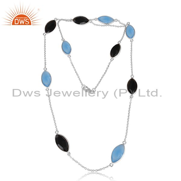Blue chalcedony black onyx gemstone girls fine silver necklace