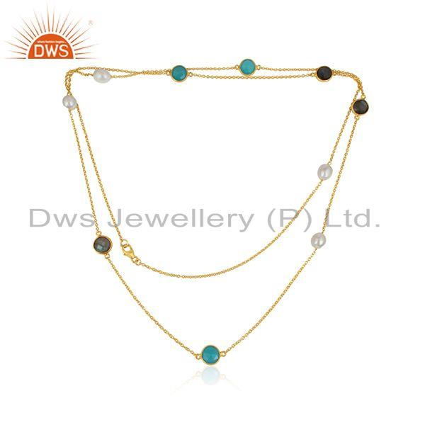 Multi gemstone designer gold plated silver women chain necklace