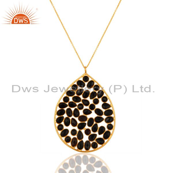 18k yellow gold plated sterling silver black onyx gemstone pendant w/- 16" chain
