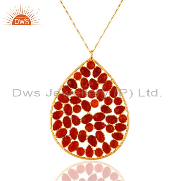 Gold plated sterling silver red onyx gemstone elegant pendant with 16" necklace