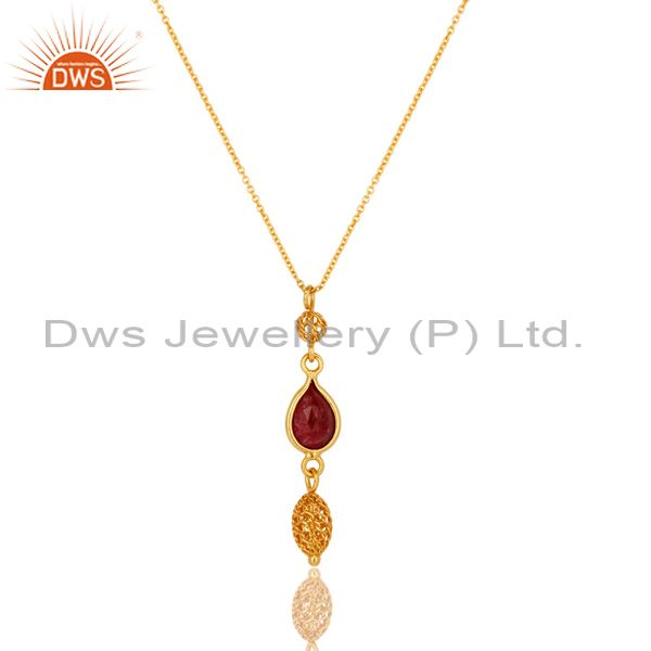 Ruby red corundum gemstone 18k gold plated sterling silver pendant with chain