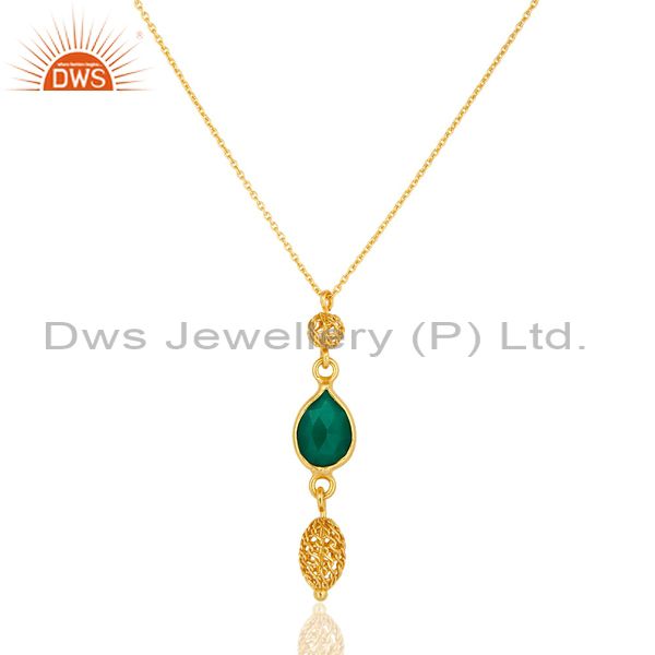 18k yellow gold plated sterling silver green onyx gemstone pendant with chain