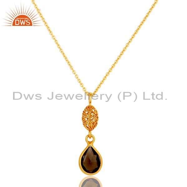 14k yellow gold plated sterling silver smoky quartz designer pendant with chain