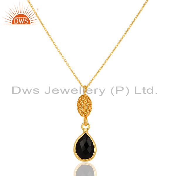 18k yellow gold plated sterling silver black onyx gemstone drop pendant necklace