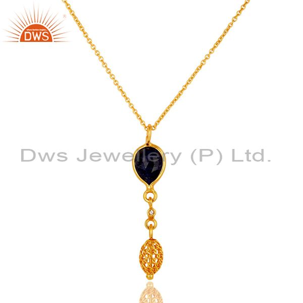 14k gold plated sterling silver blue sapphire and white topaz pendant with chain