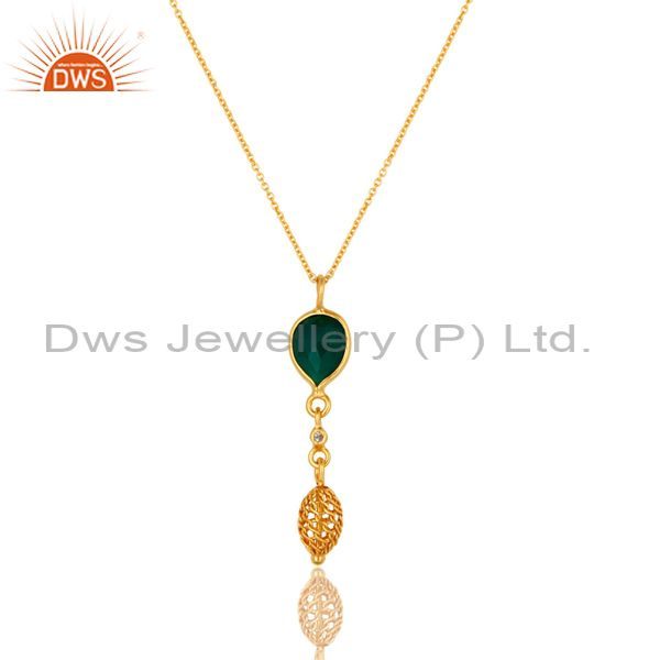 18k gold plated sterling silver green onyx and white topaz designer pendant