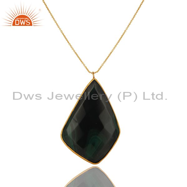 Malachite gemstone bezel set pendant with chain in 18k gold over sterling silver