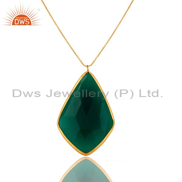 18k gold plated sterling silver faceted green onyx bezel set pendant with chain