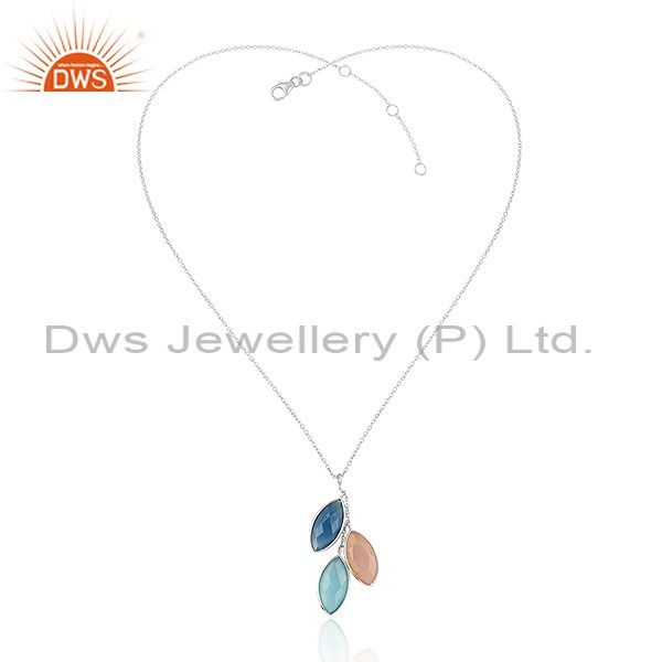 Rose aqua and blue chalcedony gemstone fine silver chain pendant