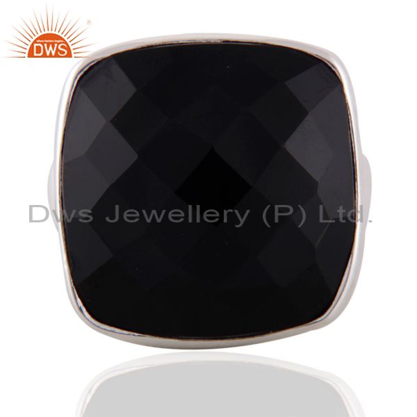 Natural Checkerboard Gemstone Black Onyx 925 Sterling Silver High Polished Ring