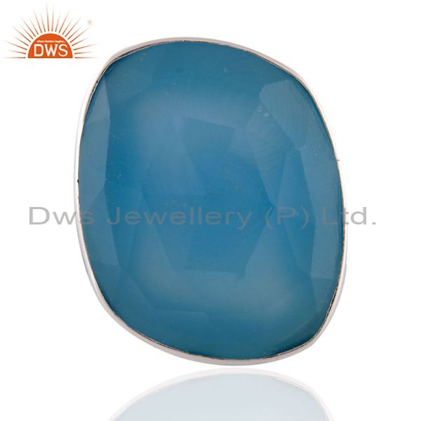 Aqua Blue Chalcedony Semi Precious Stone Sterling Silver Bezel Set Ring Size 8 U