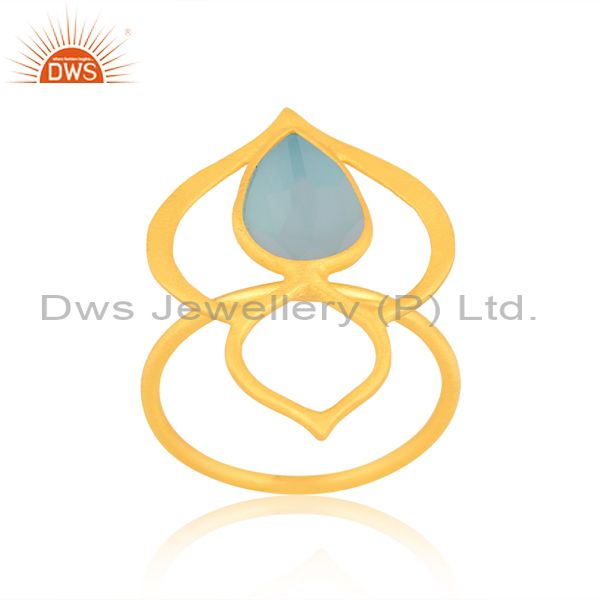 Pear Shaped Aqua Chalcedony On Gold Plated Silver Ring