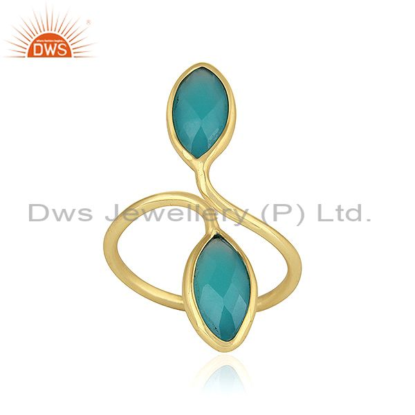 Aqua Chalcedony Gemstone Gold Plated Designer Silver Cocktail Rings