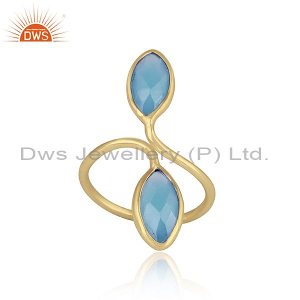 Blue chalcedony gemstone designer womens gold plated silver ring