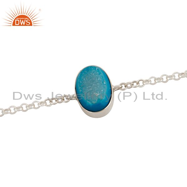 Exporter Oval Shaped Druzy Agate Sterling Silver Bezel-Set Chain Bracelet