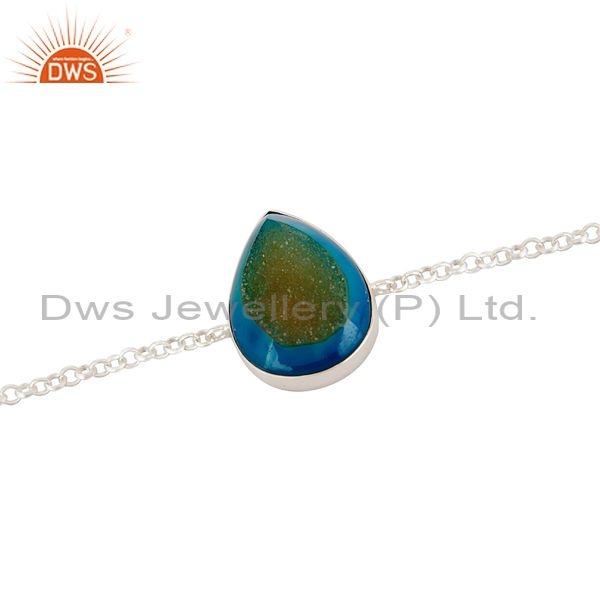 Exporter Natural Blue Druzy Agate Pear Shape Sterling Silver Chain Bracelet