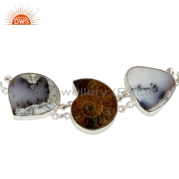 Exporter Natural Ammonite, Lapis Lazuli And Dendritic Opal Sterling Silver Bracelet