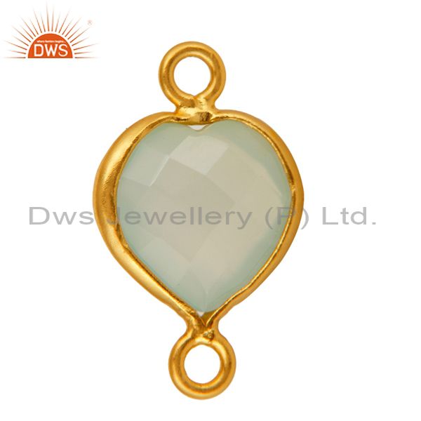 Exporter 18K Gold Plated Sterling Silver Green Chalcedony Heart Shape Gemstone Connector